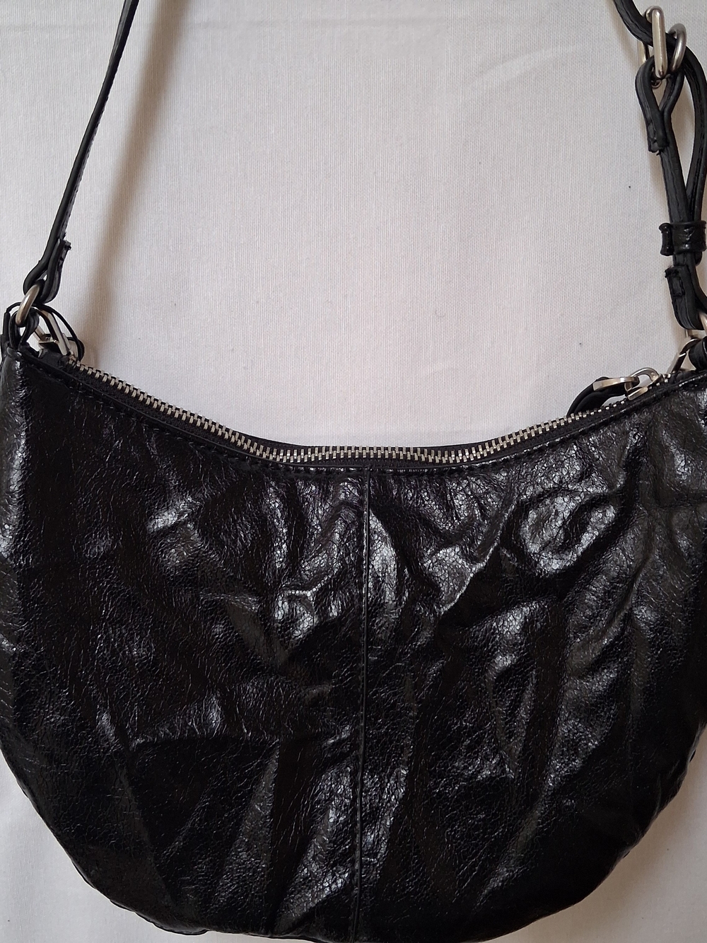 Zara Black Crinkled Patent Leather Crescent Shoulder Bag Silver Chain Detail